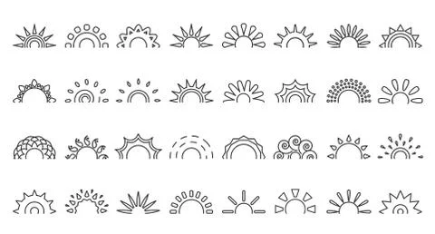 Sun black line icon half sunrise web vector set Stock Illustration