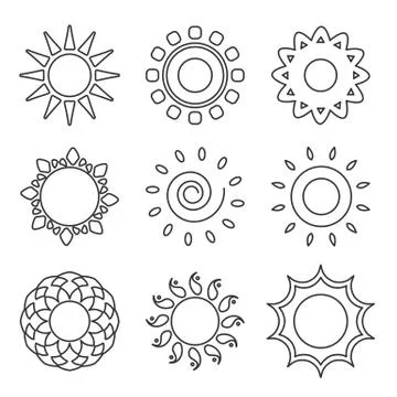 Sun black line icon logotype summer web vector set Stock Illustration