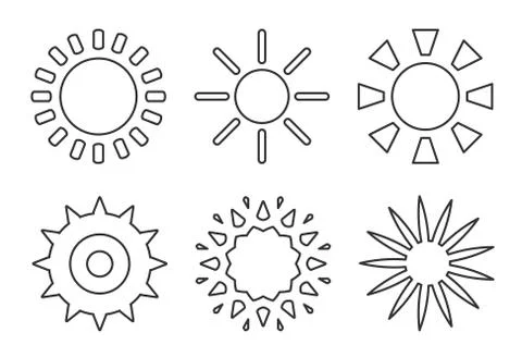 Sun black line icon logotype summer web vector set Stock Illustration