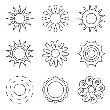 Sun black line icon logotype summer web vector set Stock Illustration