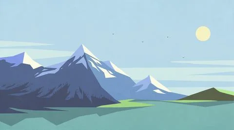 Sun in blue sky over beautiful, scenic mountain range and lake Stock Illustration