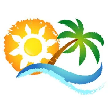 Sun, blue wave and palm tree Stock Illustration