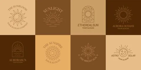 Sun boho logo. Bohemian sun icons, minimal rays. Boho style, yoga line isolated 스톡 일러스트