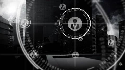 Sun breaking clouds sparking HUD rings expanding and linking user icons into Stock Footage 317369870