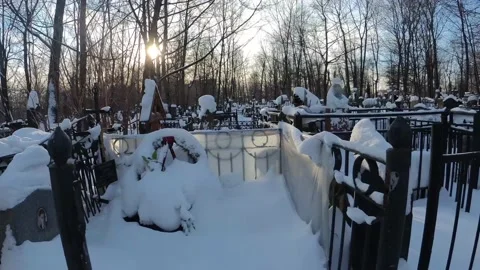The sun breaking through the trees to the graves. cemetery Video stock 168383120