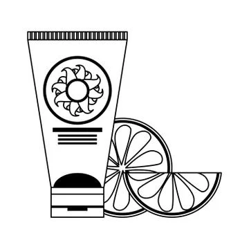 Sun bronzer botttle and orange slices in black and white Stock Illustration