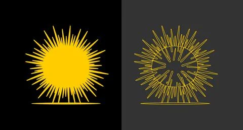 Sun burst icon set in solid silhouette and linear outline styles with sun ray Stock Illustration