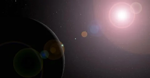 The sun bursts into view over Ceres' horizon and illuminates the surface. Video stock 64056345