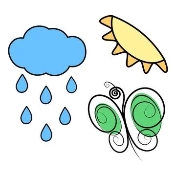 Sun, butterfly and cloud with drops in trendy marker colors. Ser of 3 stylized Stock Illustration