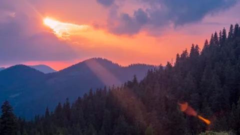 Sun of the Carpatian mountains before sunset Stock Photos