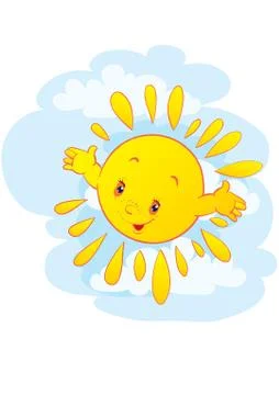 Sun character with hands on blue sky, vector illustration, Stock Illustration