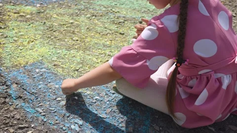 Sun child hand drawing chalk asphalt, child kid childhood dream, little artist Stock Footage 274507097