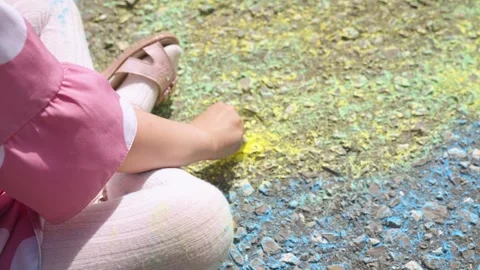 Sun child hand drawing chalk asphalt, child kid childhood dream, little artist Stock Footage 295807297