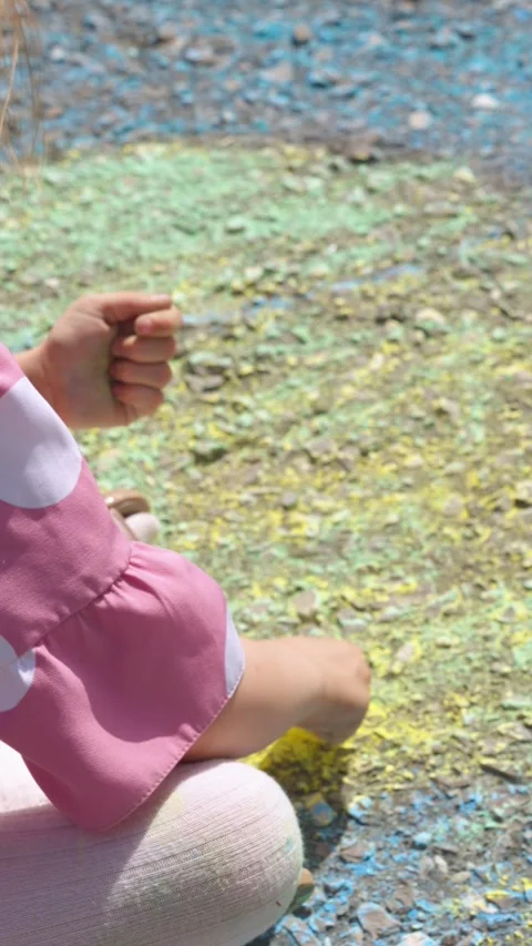 Sun child hand drawing chalk asphalt, child kid childhood dream, little artist p Stock Footage 334834849
