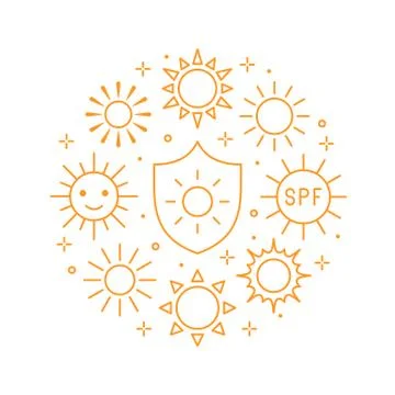 Sun circle concept with flat line icons. Sunshine, sunny weather round poster Illustrazione stock