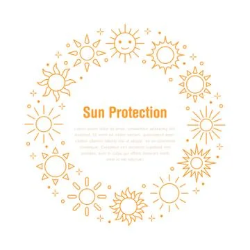 Sun circle concept with flat line icons. Sunshine, sunny weather round poster Illustrazione stock