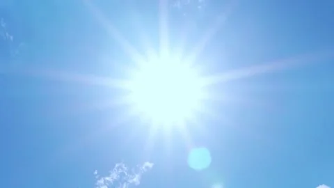 Sun Close-up in Clear Blue Sky and Few White Clouds Star Glow Sunlight Flare Ray Stock Footage 314098030