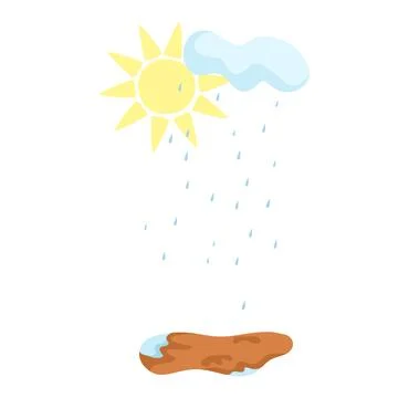 Sun with cloud and rain over a puddle, showing weather concept. Sunshower Illustrazione stock