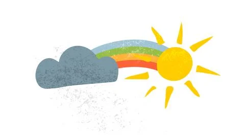 Sun, cloud and rainbow vector illustration. Cute textured weather icon isol.. Stock Illustration