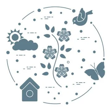 Sun, cloud, bird, flower, butterfly, birdhouse. Stock Illustration