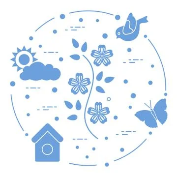 Sun, cloud, bird, flower, butterfly, birdhouse. Stock Illustration