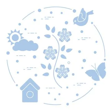 Sun, cloud, bird, flower, butterfly, birdhouse. Stock Illustration