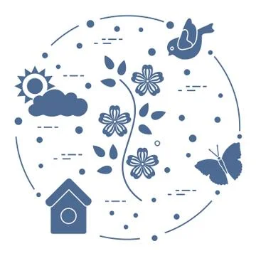 Sun, cloud, bird, flower, butterfly, birdhouse. Stock Illustration