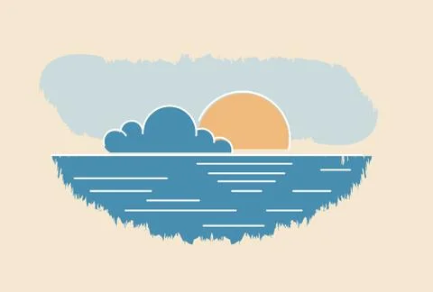 Sun cloud seascape drawing. Abstract summer sunset vector illustration. Stock Illustration