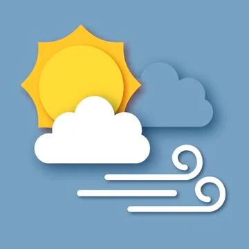 Sun with cloud. Windy time. Cloudy sky. Paper cut Weather. Stock Illustration