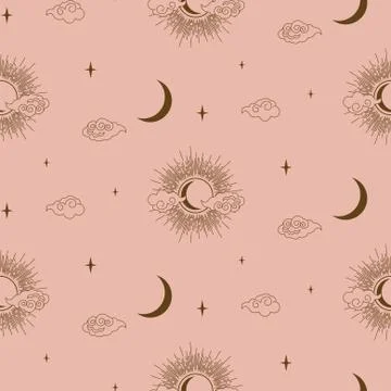 Sun, clouds and moon decorative boho style element design vector. Seamless Illustrazione stock