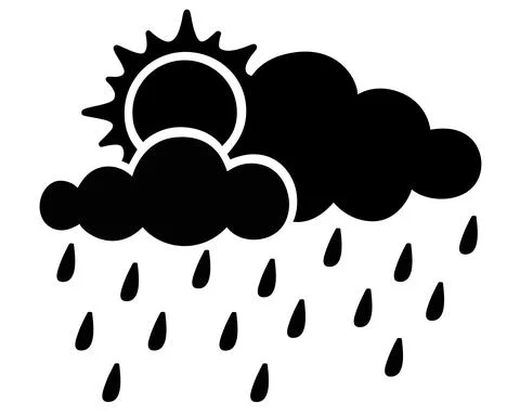 Sun with clouds and rain - vector silhouette illustration for logo or pictogram. Illustrazione stock