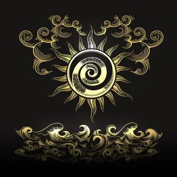 Sun clouds and Sea Esoteric Illustration Stock Illustration