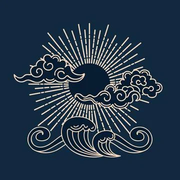 Sun, clouds and sea waves. Vector illustration in vintage Asian style. Graphic Stock Illustration