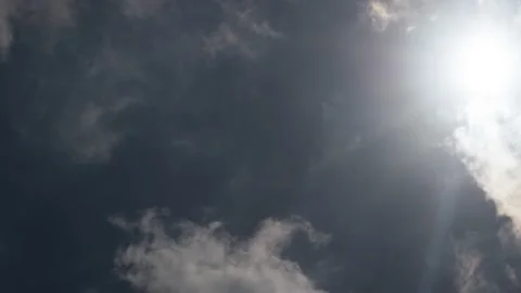 Sun with clouds on the blue sky. Time Lapse. The sun hides behind fluffy whi Video stock 205391909