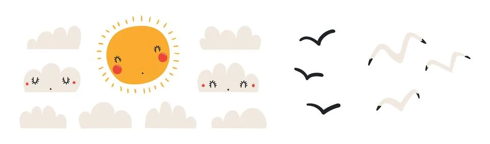 Sun, clouds, flying seagull, isolated illustration set. Stock Illustration