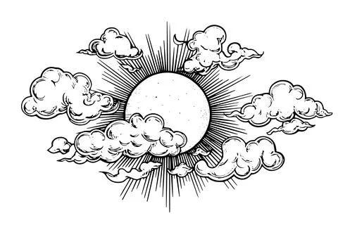 Sun with clouds hand drawn ink sketch. Engraved style vector illustration. Stock Illustration