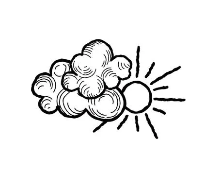 Sun with clouds icon. Doodle line art weather sign illustration 스톡 일러스트