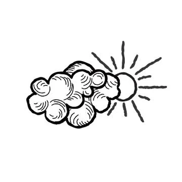 Sun with clouds icon. Doodle line art weather sign illustration 스톡 일러스트