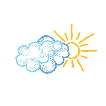 Sun with clouds icon. Doodle line art weather sign illustration Stock Illustration