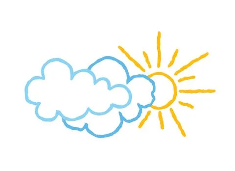 Sun with clouds icon. Doodle line art weather sign illustration Stock Illustration