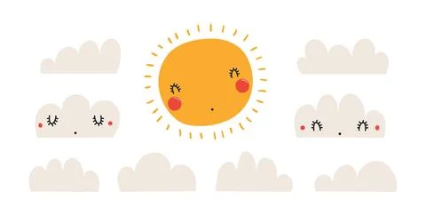 Sun, clouds with kawaii face isolated illustration set. Stock Illustration