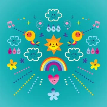 Sun clouds rainbow birds raindrops flowers nature composition Stock Illustration