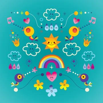 Sun clouds rainbow birds raindrops flowers characters nature illustration Stock Illustration