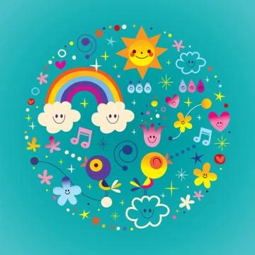 Sun clouds rainbow birds raindrops flowers characters nature round illustration Illustrazione stock