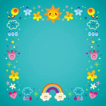 Sun clouds rainbow singing birds raindrops flowers nature frame border 스톡 일러스트