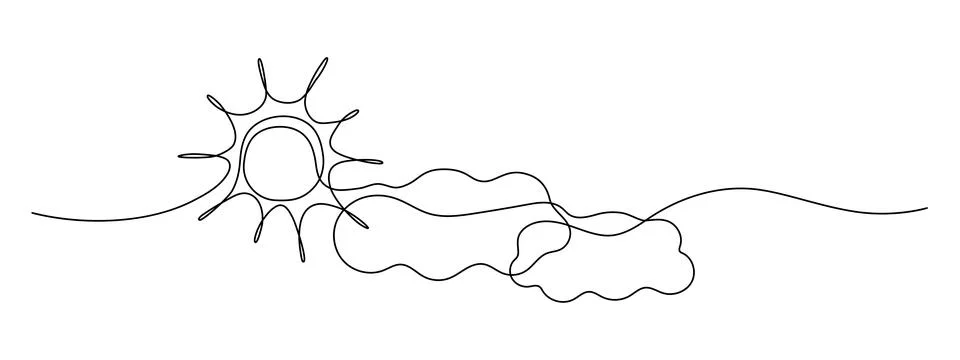 Sun continuous one line drawing and clouds. Sun contour sign. Single line sketch Stock Illustration