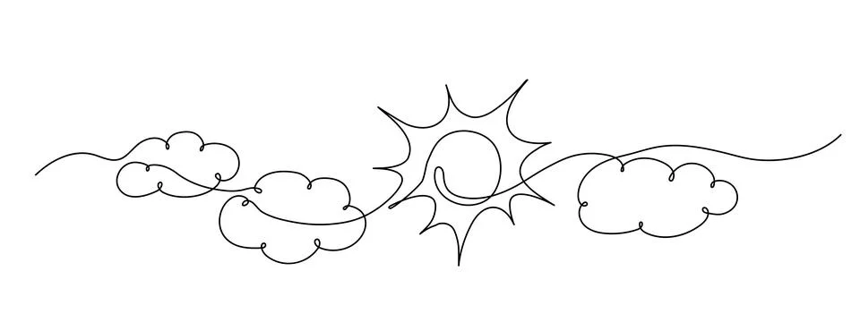 Sun continuous one line drawing. Three clouds and summer sun contour sign Stock Illustration