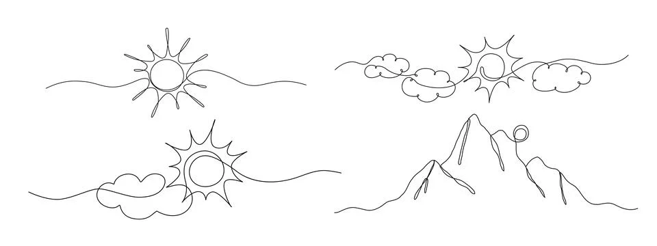Sun continuous one line drawing and clouds. Mountains contour sign. Single line Illustrazione stock