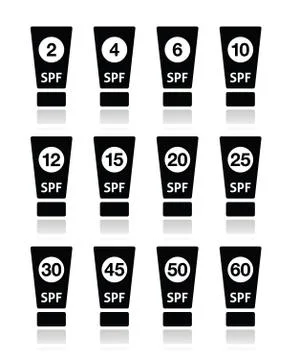 Sun cream, sunblock with factor or SPV icons set Stock Illustration