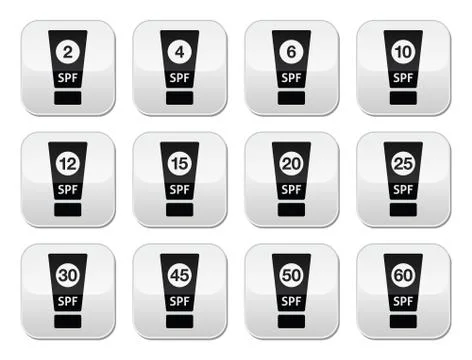 Sun cream, sunblock with factor or spv buttons set Stock Illustration